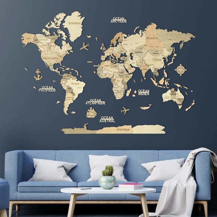 Papier Peint Mural Autocollant 3D – Carte Du Monde, Motif Marron, Déco Tendance