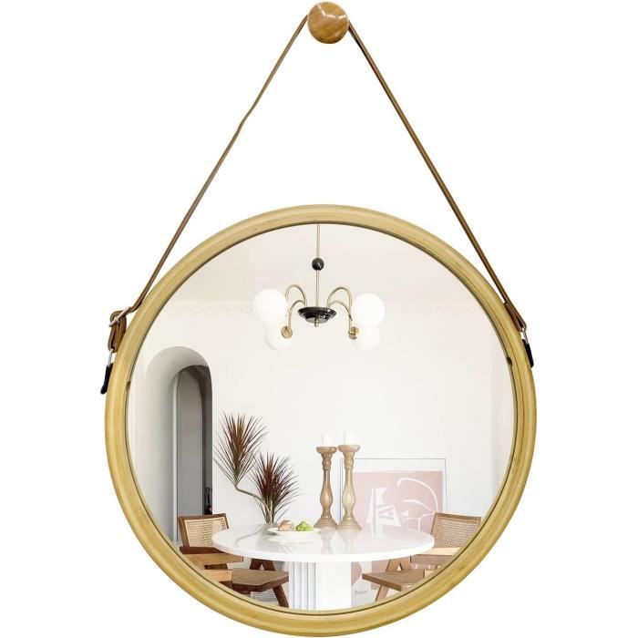 Miroir rond avec cadre en cuir beige de 60 cm