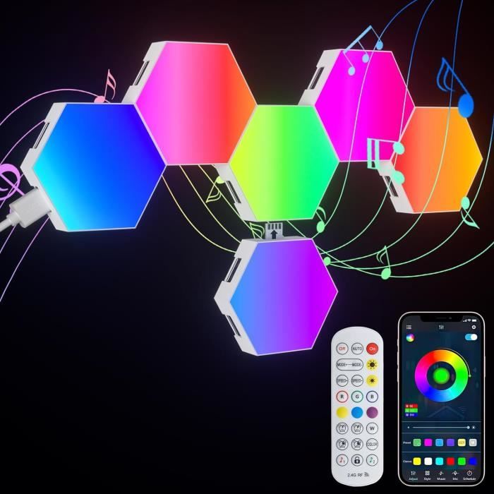 Panneau LED Hexagone Mural Kimimara – Lampe RGB Smart Sync Musique – Blanc Acrylique
