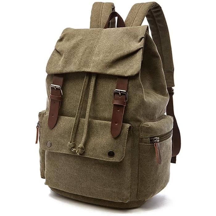 Sac à Dos en Toile Cartable Vintage pour Ordinateur Portable Daypack Randonnée Voyage Grande capacité Sac Unisexe(Vert)
