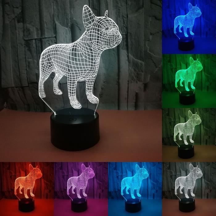 USB LED tactile Cadeau de Noël ou de Saint-Valentin Veilleuse 3D en forme de chien carlin avec 7 couleurs changeantes 