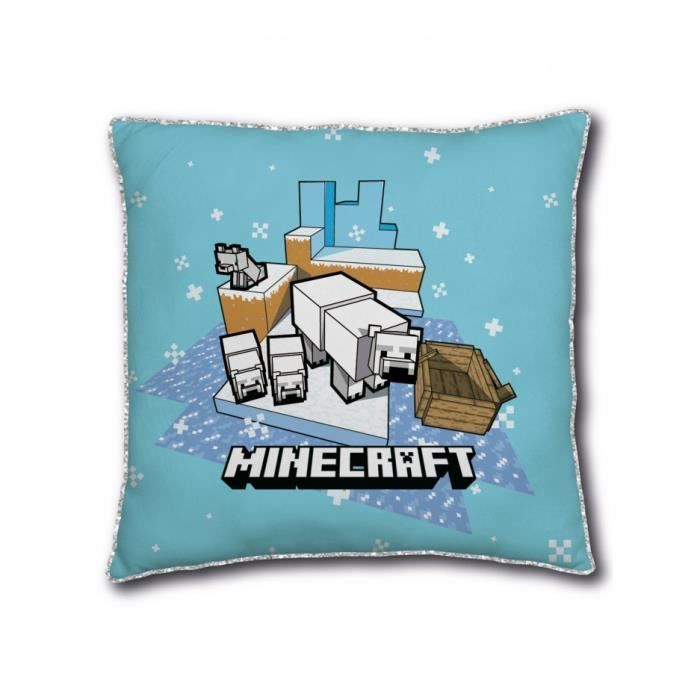 Minecraft Coussin carré super doux en forme d'ours polaire Sous licence officielle Bleu coussin Design réversible double face