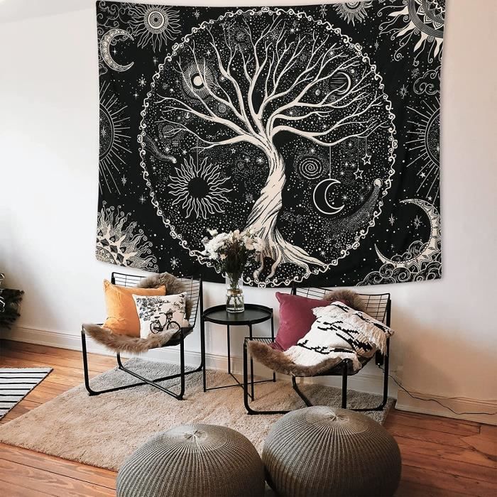 Arbre de Vie Tapisserie Lune et Soleil Noir Tenture Murale Psychédélique  Mandala Étoilé Mur Art Décor pour Chambre Dortoir Fête - Cdiscount Maison