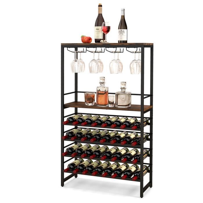 costway casier étagère à vin pour 32 bouteilles - porte-bouteille industriel 4 niveaux - 4 rangées porte-verres, pieds réglables