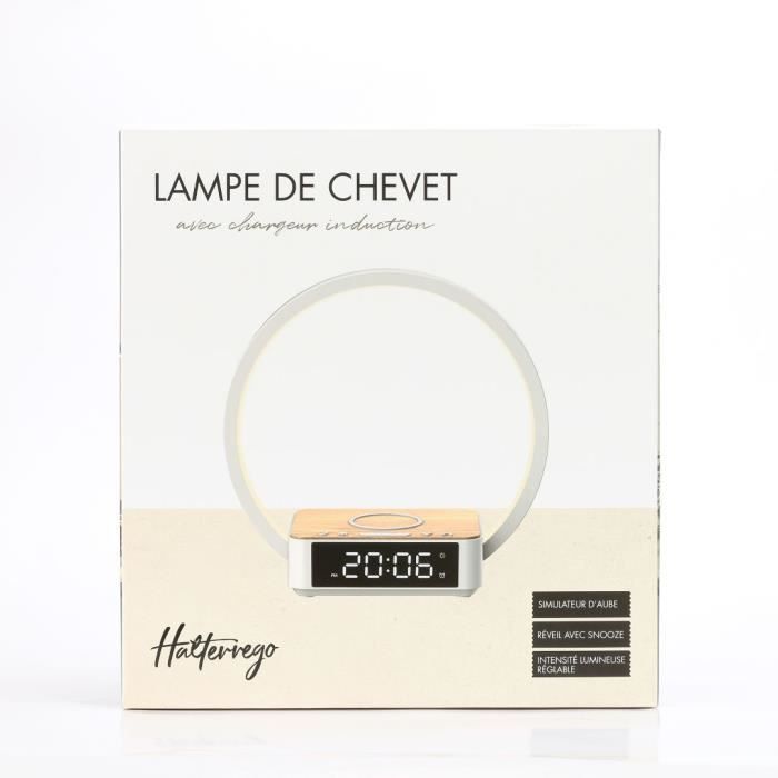 Lampe de chevet avec chargeur induction certifié Qi à 10W  fonction réveil lumiosité réglable affichage lheure