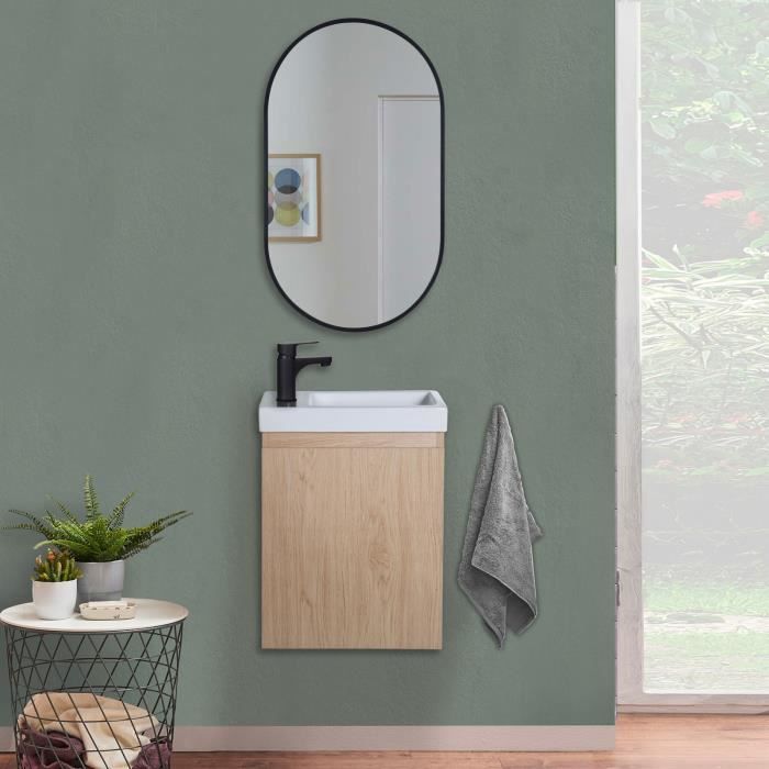 Ensemble meuble lave-mains LISA décor chêne avec miroir ovale Bois Clair 21,5 cm