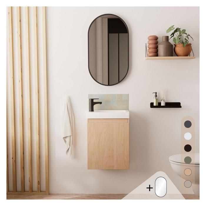 Ensemble meuble lave-mains LISA décor chêne avec miroir ovale Bois Clair 21,5 cm