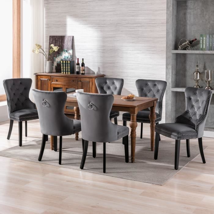 Lot de 6 chaises scandinaves pour salle à manger avec pieds en chêne et garniture cloutée en velours gris