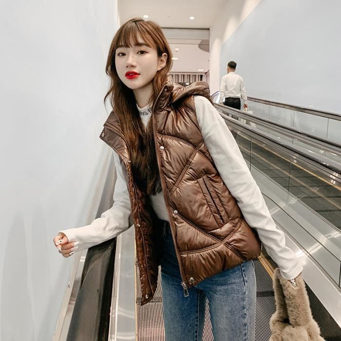 Manteau Femme Short d hiver ample en cuir brillant Marron GOGUQ