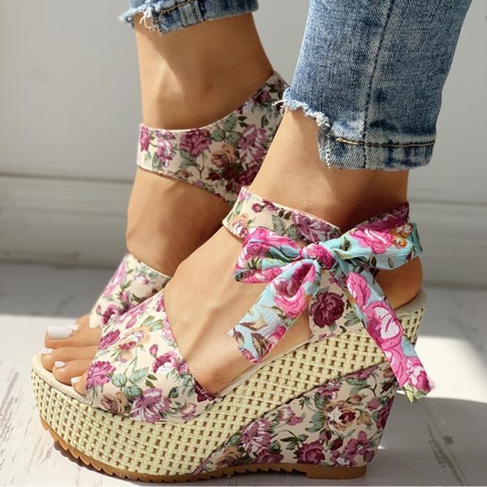 Sandales compensees Femme Rose Plateforme Talon 10cm Fleur Floral Chaussures a lacets