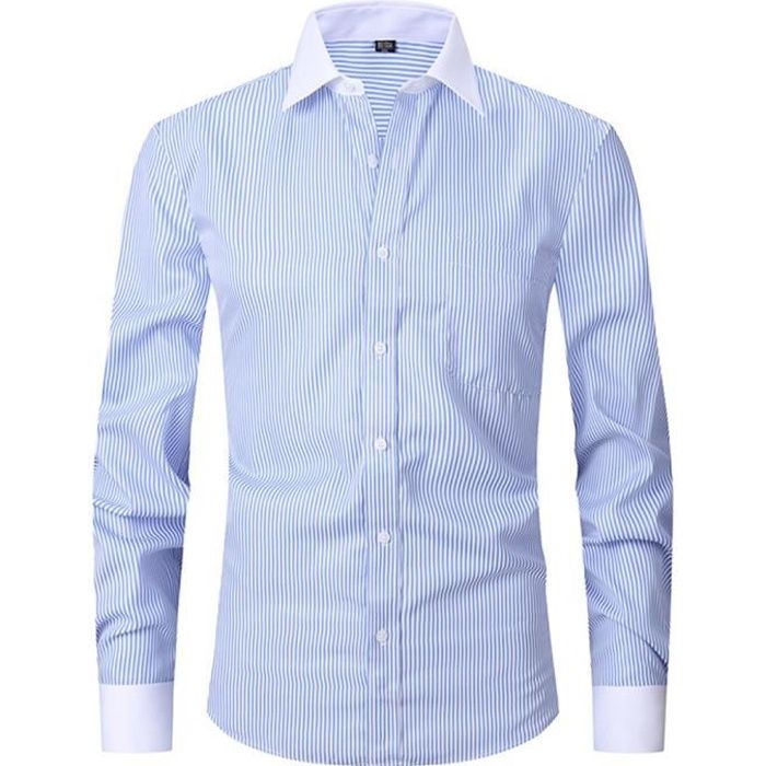 Chemise Homme Manches Longues Sans Repassage avec Poche de Poitrine Respirant Etoffe inusable a Rayures Bleu Cdiscount Pret a Porter