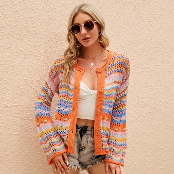 Pull Femme A Rayure Colore Manches Longues Col Arrondi Lache Orange Orange Cdiscount Pret a Porter