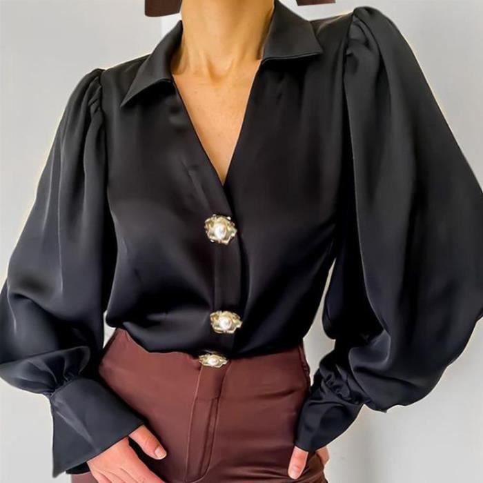 Chemise Femme Manches Longues Satin Col V Sexy elegant Lache
