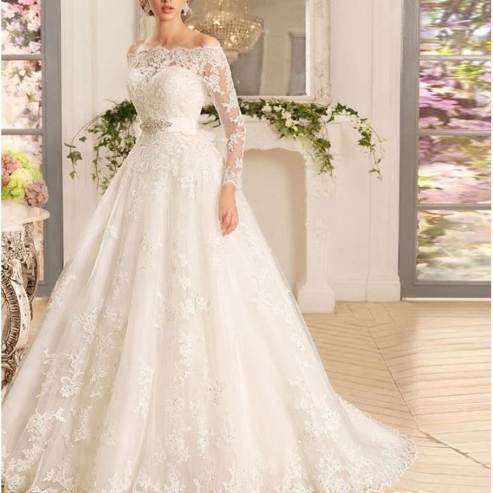 FANDI Manches Longues Robes De Mariee Encolure Bateau Dentelle Appliques Hors Epaule Cristal Ceintures Robe De Bal Ivoire Blanc Cdiscount Pret a Porter