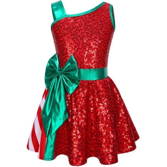YOOJIA Enfant Fille Robe de Noel Paillettes avec N ud Rayures Robe Ceremonie Soiree Deguisement Lutin Elfe Princesse 3 14 Ans Rouge Cdiscount Pret a Porter