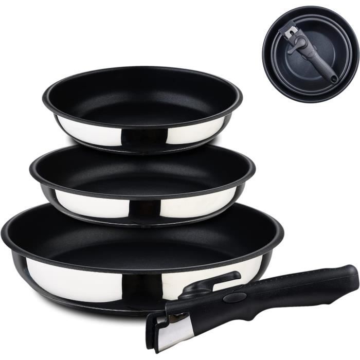 Set 3 Poêles Arthur Martin Inox - Poignée Amovible, Induction Compatible