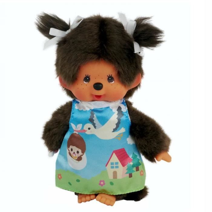 fille en robe de cigogne | 20 cm | kiki | poupée monchhichi | robe à la mode