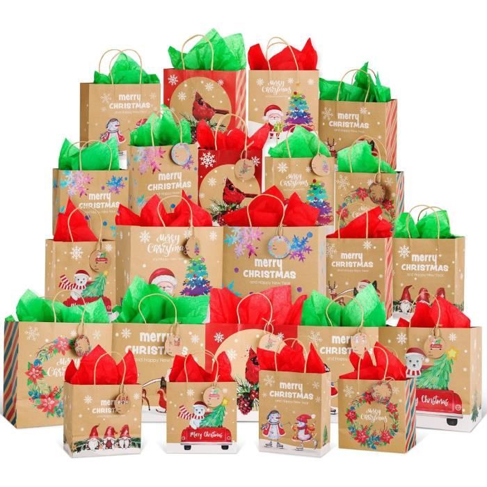 Euakee Sacs-cadeaux Noël En Papier Kraft - Lot De 24, Poignées - 21x15x8 Cm - Pour Emballages De Fête