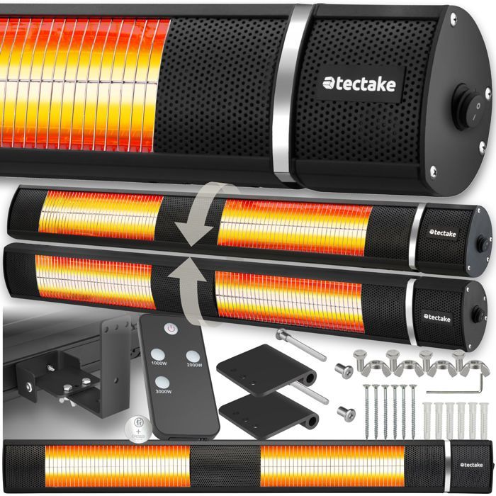 Chauffage extérieur - TECTAKE - Radiateur infrarouge SOLARIS HORIZON 3000W boîtier en aluminium 3 niveaux de puissance - Noir