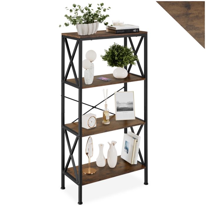 Bibliothèque - TECTAKE - Étagère BARRY sur 4 niveaux avec entretoises latérales en bois et acier 615 x 315 x 1335 cm - Bois foncé