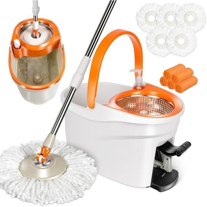 JUNYFFF Balai Microfibre Rotatif 360° + Seau Essoreur Pédale – Manche Télescopique 95-125 Cm – 2 Tampons Lavables – Blanc