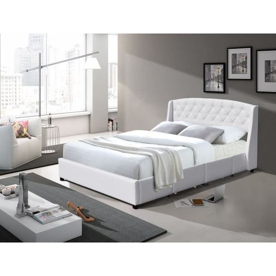 Lit 2 personnes Sydney, tête de lit incluse - blanc - 160x200 cm