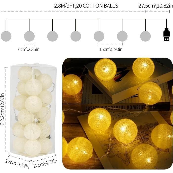 Guirlande Lumineuse LED Boules De Coton - 1,5 M, 10 LED, Vert Menthe - Décoration Chambre, Mariage, Noël - 10