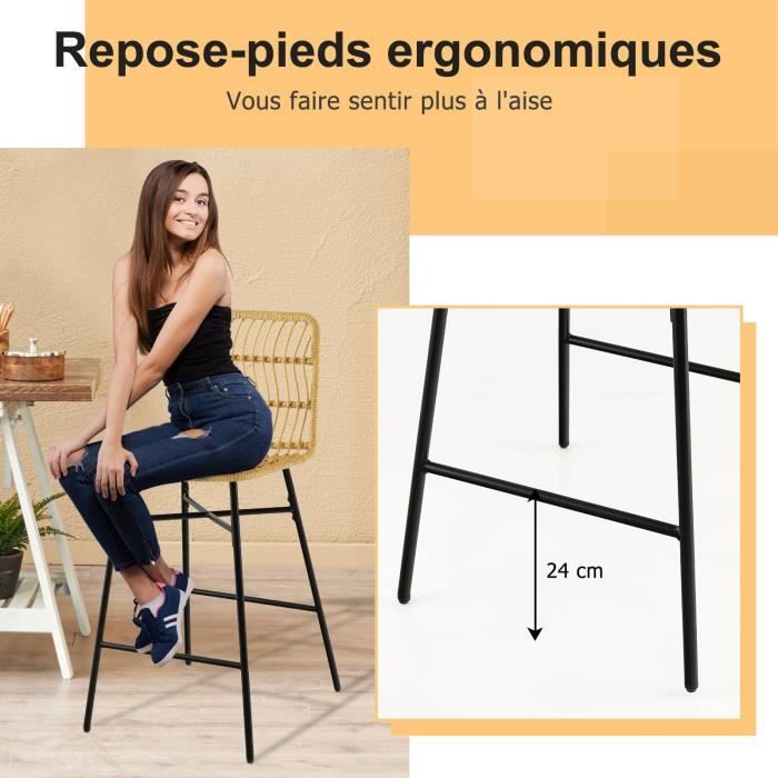 2 Tabourets De Bar En Rotin PE - Hauteur Assise 69 Cm - Avec Dossier Et Repose-pieds - Cadre Métal - Jaune Et Noir - Pour Comptoir 89-99 Cm - 8