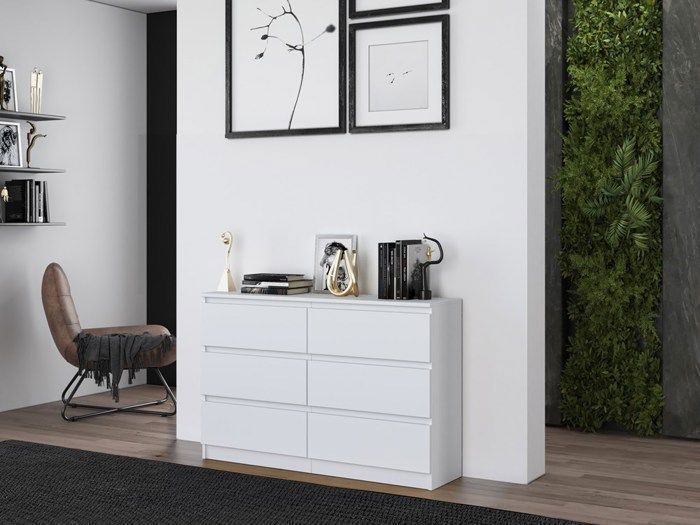 Commode à tiroirs 6 tiroirs, blanche Buffet haut pour chambre à coucher et toutes les pièces à vivre, blanc crème - H85/L120/P40 cm - Maison