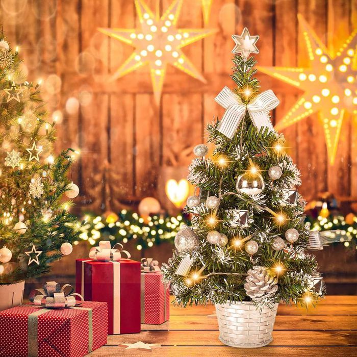 Sapin De Noël Lumineux LED 35 Cm – Décoré Arcs Et étoiles, Piles AA, Pour Table Bureau Salon