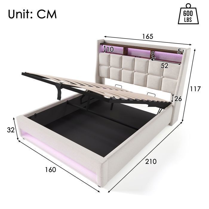 Lit capitonné 160x200 cm Lit double - tête de lit avec rangements USB et Type-C Lit capitonné 160x200 cm Lit double - tête de lit avec rangements USB et Type-C