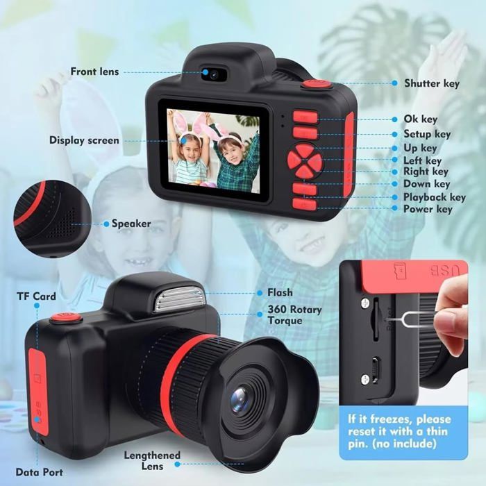 Appareil Photo Enfant, 2.0 Pouces Enfant Appareil Photo Numérique, HD 1080P Caméra Vidéo Selfie avec 32GB SD Carte, Camera Enfant de 3 à 10 Ans Cadeaux de Noël Anniversaire