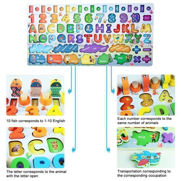 Jouet Montessori 5-en-1 En Bois - Pêche, Puzzle, Chiffres, Formes Pour 2-5 Ans