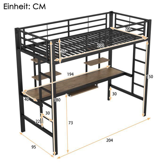 Lit Mezzanine Avec Bureau Et Armoire - 140x200 Cm, Métal Et MDF, Noir - Pour Enfant/ado, Charge 113 Kg