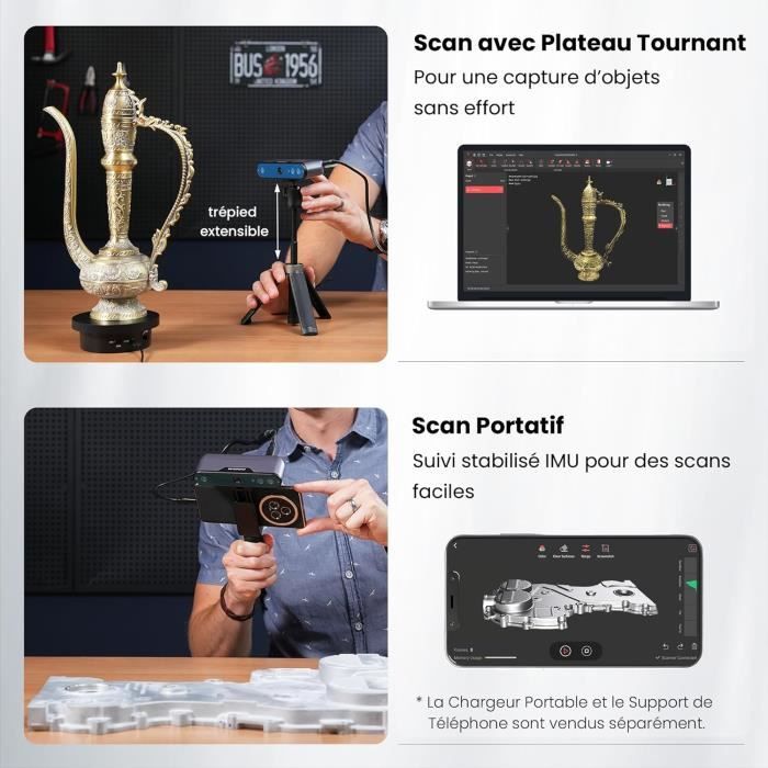 Scanner 3D Revopoint INSPIRE 2 - Précision 0,03 Mm, Double Mode Laser/Lumière Structurée, Sans Fil, Scans Couleur, Pour Impression 3D Et CAO