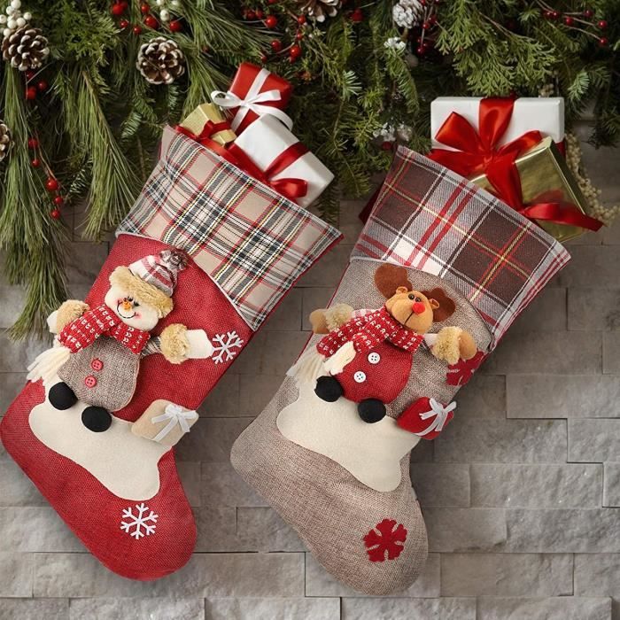 Grande Chaussette De Noël Pour Enfants – Design à Carreaux Avec Ours – Tissu Non Tissé, 26x18 Cm – Avec Boucle De Suspension