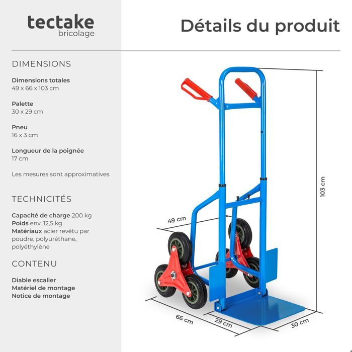 Diable De Déménagement TecTake - 6 Roues - Capacité 100kg - Pour Escaliers Et Transport Lourd