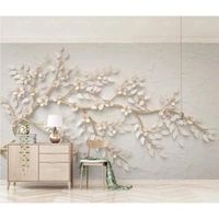 Papier Peint 3D Soie Branches Dorées Fleurs Blanches Gaufrées Papier Peint Panoramique 3D Moderne Décoration Murale 400x280cm