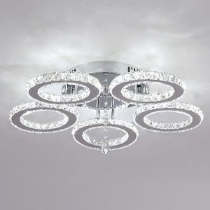 PLAFONNIER Plafonnier LED En Cristal - Lampe En Acier Inox Luminaire Suspension à 5 anneaux Lustre 50W - Chrome Ø 53 cm x 9 cm (Blanc froid)