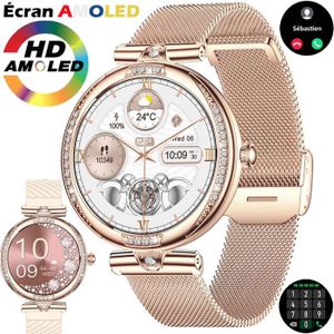 Montre connectée sport Montre Connectée Femme Ronde Smartwatch Étanche IP68 Boîtier Rétro Alliage Zinc Grand Écran Tactile Ø 4CM Bracelet PU Simili Cuir