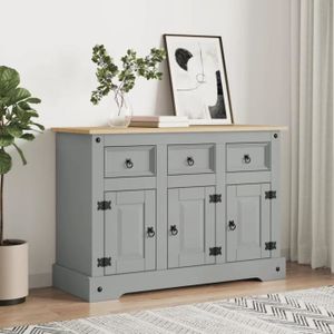 Buffet Commode Style Mexicain En Pin Massif - 3 Portes + 3 Tiroirs - Gris/brun - Dimensions 125x40x76 Cm - Neuf IDIMEX