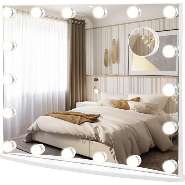 Coiffeuse moderne - HUCOCO - ALLYS - 3 tiroirs - grand miroir avec 12 LED -  Blanc
