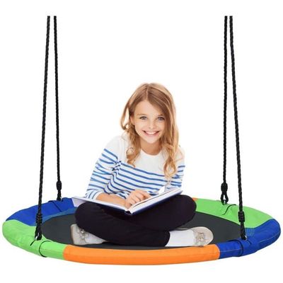 Utilisation Intérieure et Extérieure GOPLUS Balançoire Nid d'Oiseau en Teslin Réglable en Hauteur Balançoire Ronde Ø 100CM pour Enfants et Adultes Bleu Charge Max 150KG 