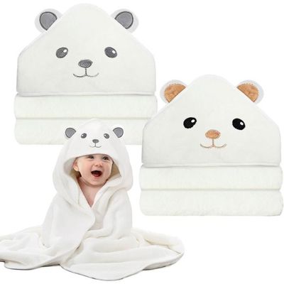 Cape De Bain Bébé 3 Pièces - Serviette à Capuche 80x80 Cm, Polaire Corail Absorbante, Motifs Animaux (blanc, Gris, Bleu)