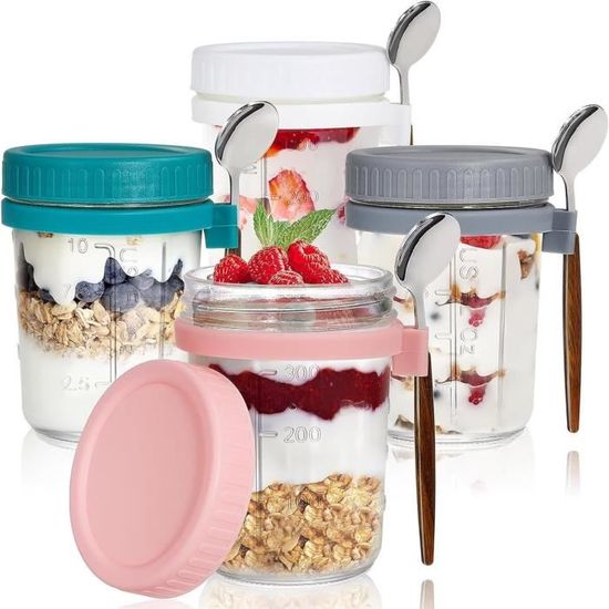 MumdoYAL 4 Pièces 500 Ml Pot En Verre Avec Couvercle, Overnight Oats Jar, Pot Yaourt, Bocal En Verre, Pot Avec Couvercle, Pour Flocons D'avoine, Confiture, Salade, Milkshake