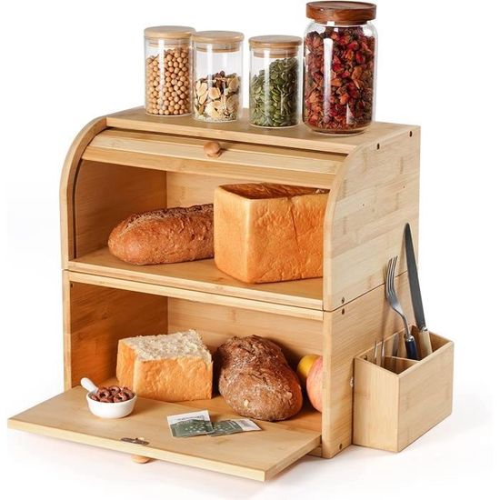 Boîte à Pain En Bambou Et Bois Avec Fenêtre Acrylique - 40x21x20 Cm - Stockage Pain Et Aliments - Design Moderne Avec Aération