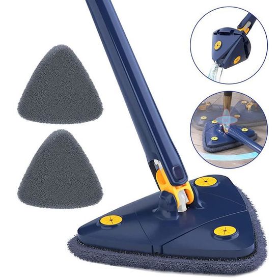 Balai de nettoyage triangulaire rotatif à 360 degrés réglable en microfibre extensible avec long manche pour nettoyage de sol, plafond, fenêtre, mur