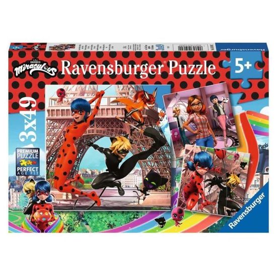 Puzzle 3 x 49 Parties Miraculous Ladybug & Cat Noir Ravensburger - Rouge - Mixte - 5 ans+