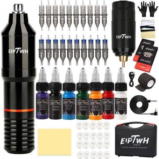 EIPTWH Machines à tatouer, kit complet de tatouage sans fil pour débutants avec 7 couleurs