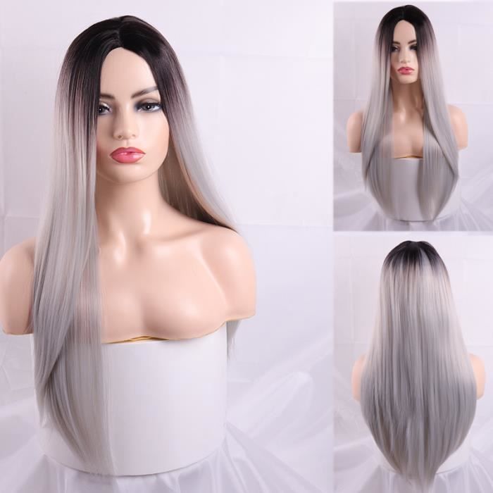 cheveux longs noir brun perruques avec frange résistant à la chaleur synthétique perruques droites pour les - Type 9161-silver gray